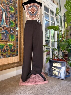 Wide Leg Brown Pants - Elastic Waist